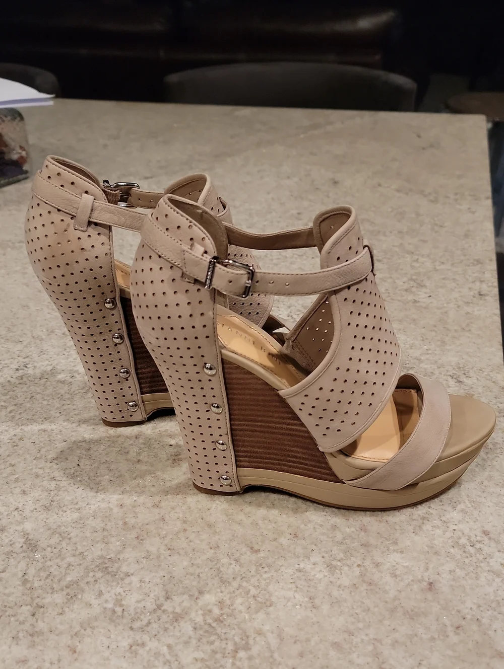 Gianni Bini Nude-Beige Perforated Wedge Sandals with Ankle Strap